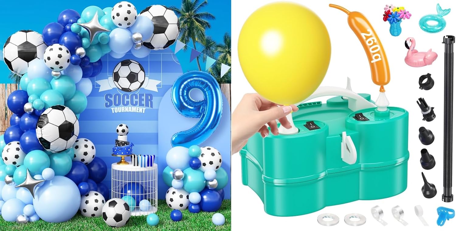 9h Birthday Soccer Party Decoration for Boys and 3-in-1 Electric Balloon Pump