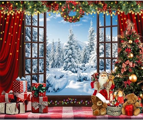 Miniatura 3 de Telón de fondo de Navidad para ventana de las maravillas de 10 x 8 pies, árbol de Navidad rojo, fotografía para niños, fondo de fotos de invierno