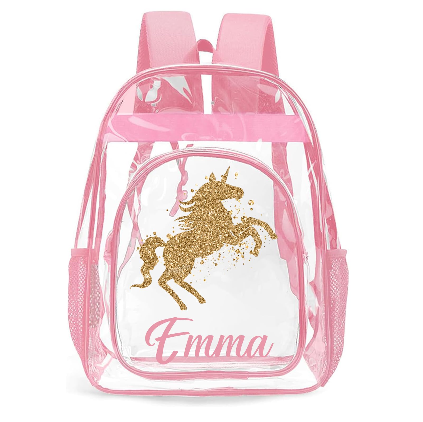 UJDUYSD Personalized Clear Backpacks with Name, Custom Unicorn Clear Backpack for Women Men, with Reinforced Strap & Large Capacity PVC Transparent