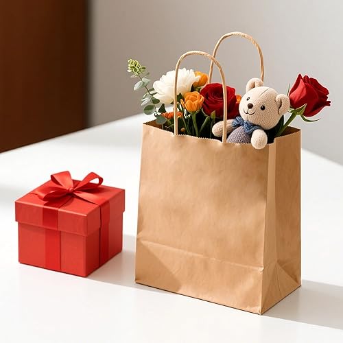 Miniatura 7 de Paquete de 100 bolsas de regalo de papel natural liso mediano de 8 x 4.5 x 10.8 pulgadas con asas, a granel, bolsas de papel kraft marrón para