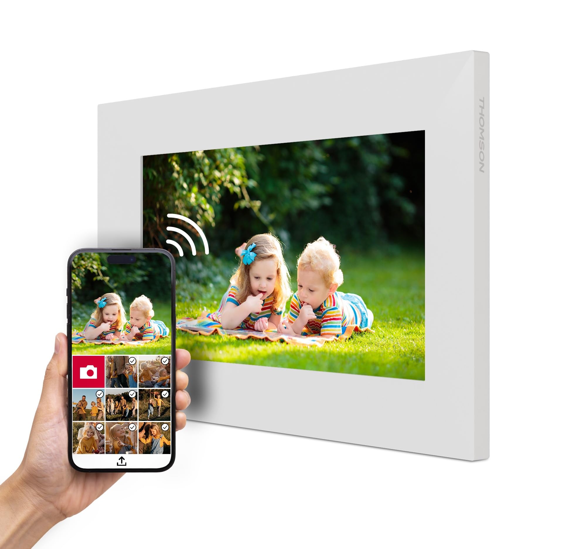 Thomson Cornice Digitale 7 Pollici, Schermo IPS, Touchscreen HD, Condivisione Diretta tramite App, Funzioni Smart, Cornice Fotografica Elettronica con 32 GB di Memoria, Rotazione Automatica, Bianca