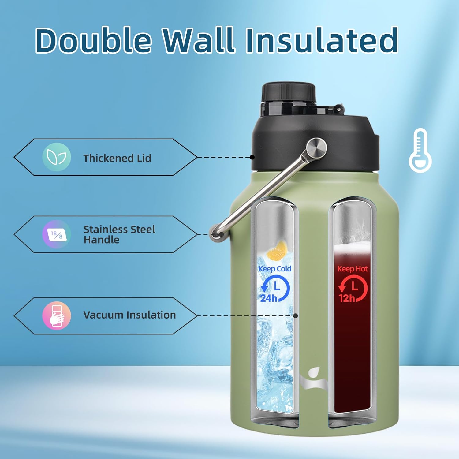 Half Gallon Jug with Handle,64 oz Insulated Water Bottle with Carrying Pouch,Double Wall Vacuum Stainless Steel Metal Bottle,Camp Green - Image 3