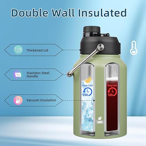 Miniatura 3 de Jarra de medio galón con asa, botella de agua aislada de 64 onzas con bolsa de transporte, botella de metal de acero inoxidable al vacío de doble