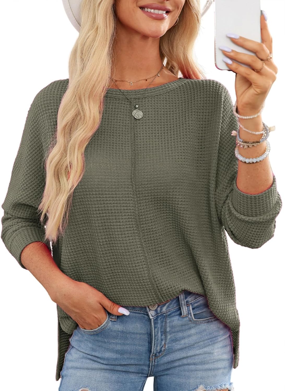 Dokotoo Womens Waffle Knit Tops 2025 Long Sleeve Casual Tunic Tops Crewneck Oversized T Shirts Fall Outfits