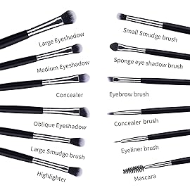 MSQ Eye Makeup Brushes 12pcs Eyeshadow Makeup Brushes Set with Soft Synthetic Hairs & Real Longer Wood Handle for Eyeshadow, Eyelash,Eyebrow, Eyeliner, Blending, Conclear(Black)
