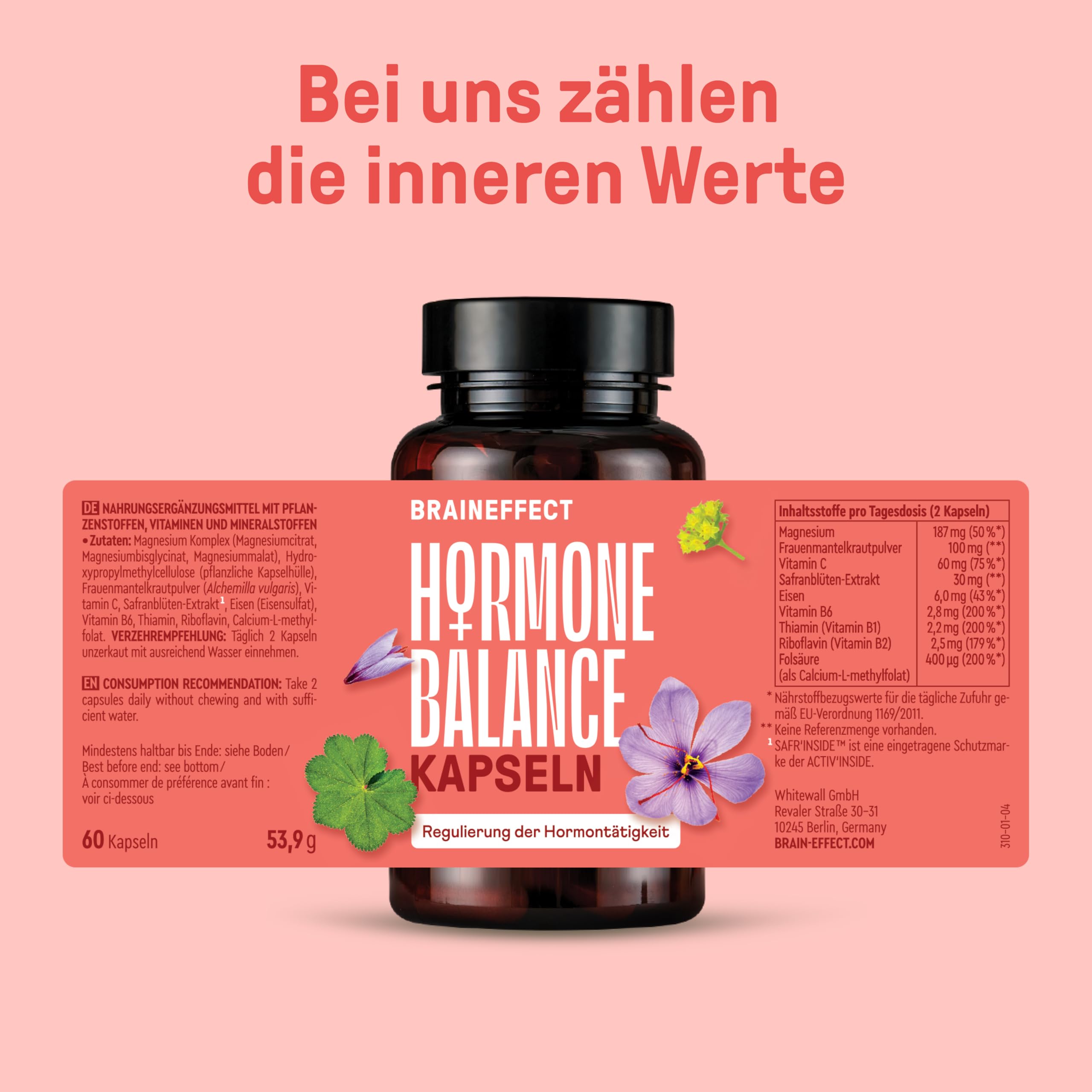 BRAINEFFECT Hormon Balance | Premium Natürliche Zyklusregulierende PMS & Wechseljahre Kapseln | Ohne Nachteiligem Mönchspfeffer | Botanicals, Vitamin B6 & Magnesium |180 Kapseln
