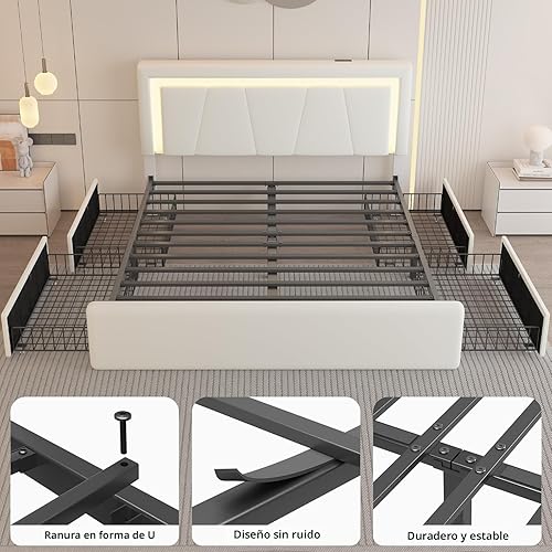 Miniatura 8 de Base de cama tamaño Queen con 4 cajones de almacenamiento y luces LED, plataforma tapizada con cabecera ajustable y estación de carga, soporte de