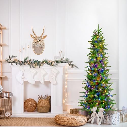 Miniatura 40 de Fraser Hill Farm Árbol de Navidad artificial de pino carmelo preiluminado de 7.5 pies con luces LED dobles multicolor y blanco cálido, follaje LED