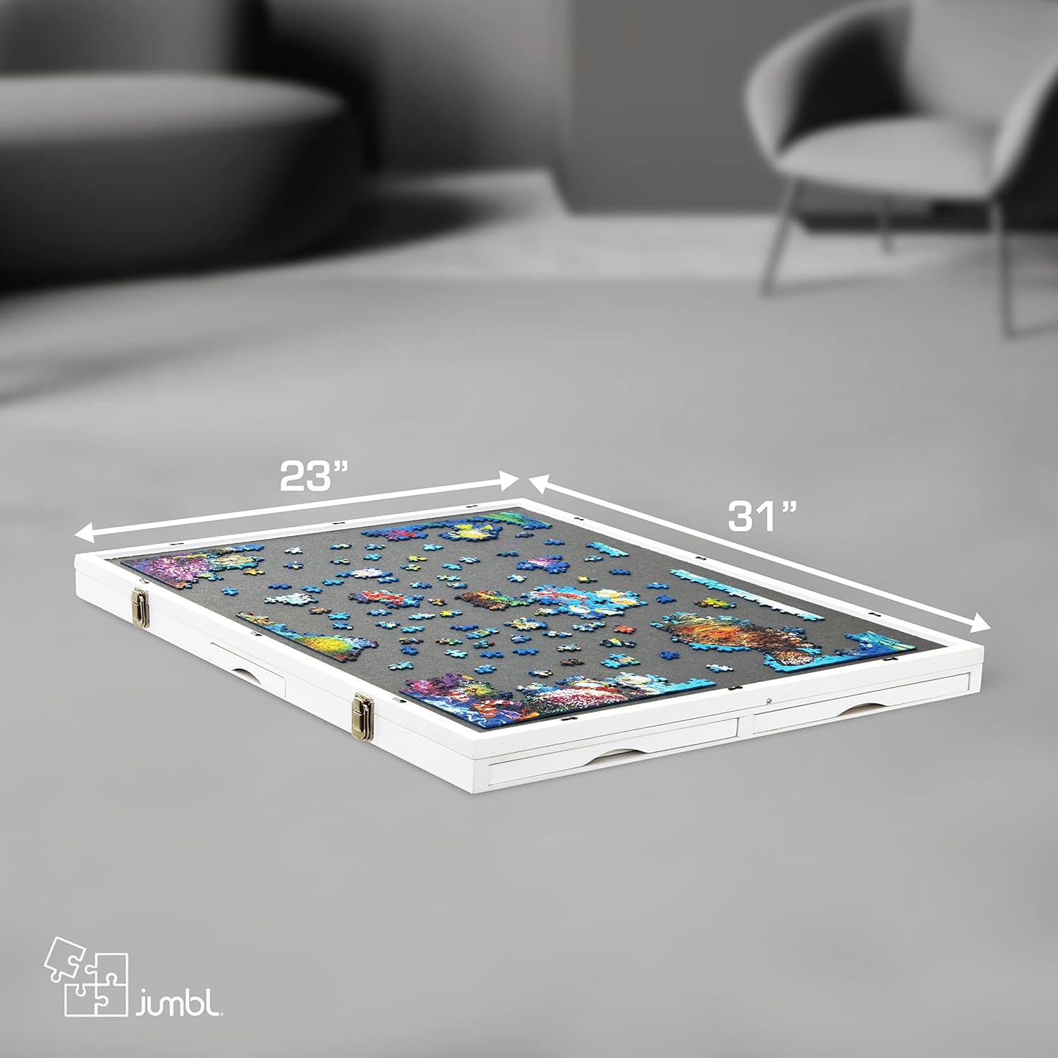 Jumbl Premium 1000-Piece Tilting Puzzle Board w/Felt Surface, 6 Removable Sorting Drawers Surface, Interlocking Cover | 23” x 31” Wooden Jigsaw Puzzle Table | Reinforced Hardwood Construction