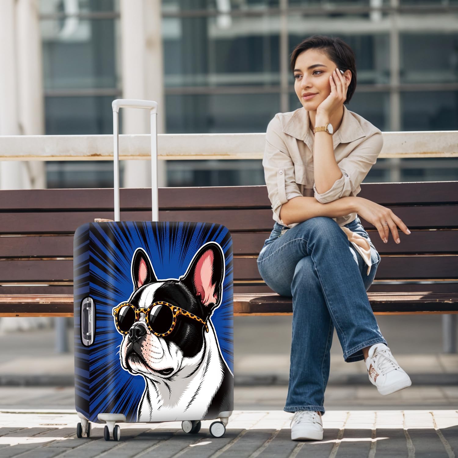 Cool French Bulldog Luggage Cover Protective Suitcase Protector, Pop Art Frenchie with Leopard Sunglasses Elastic Washable Travel Baggage Cover Fits 28-30 Inch Suitcase, Funny Dog Design,L