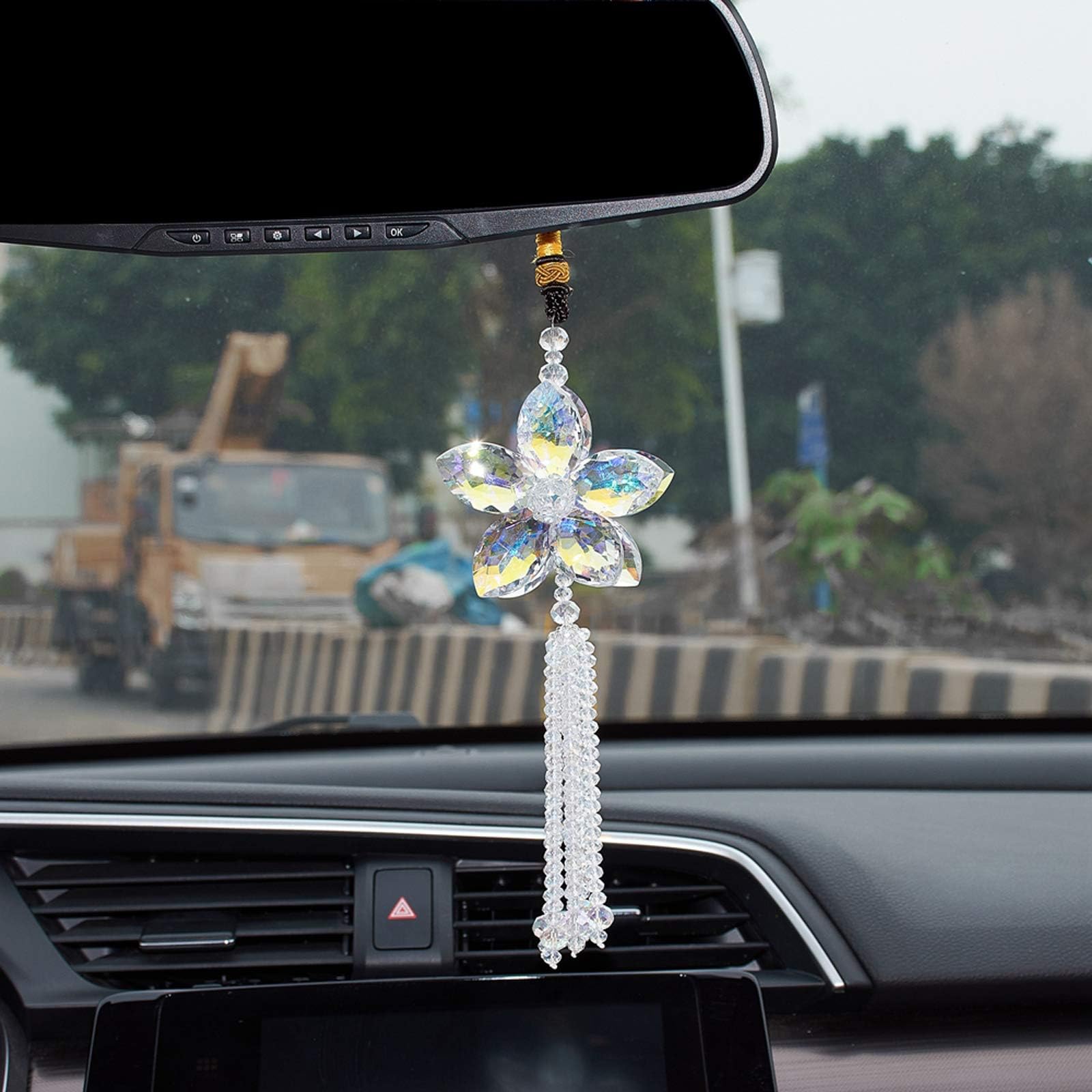 ATMOMOCrystal Flower Car Rear View Mirror Pendant Car Hanging Ornament Lucky Car Charm with Dangle Beads, Transparent