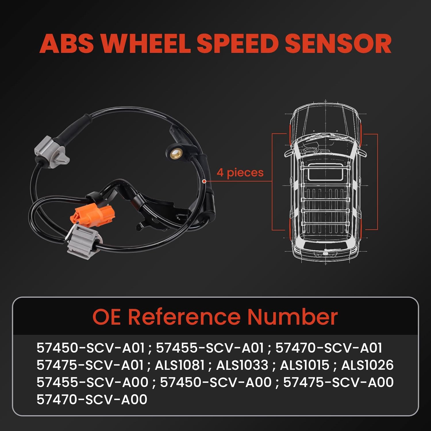 4Pcs Front Rear ABS Wheel Speed Sensor Set for Element 2.4L 2003-2011 Left Driver and Right Passenger Side 57450-SCV-A01