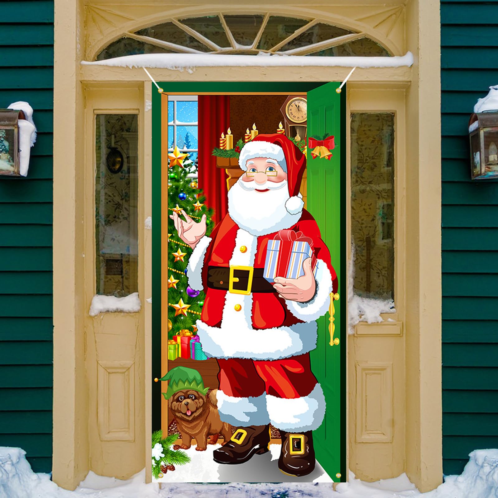 Forhome Copriporta Di Natale Babbo Natale 180x90 Cm – Tenda Per Porta In Tessuto 100D Con Corde – Decorazione Festiva Per Esterni E Interni - 3