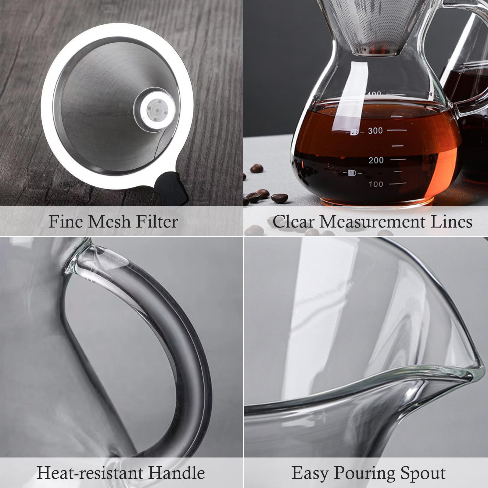 Cafetière Manuelle, 400ml Verre Cafetière Filtre avec Filtre Café Permanent et Poignée Résistante à la Chaleur, Permet de Préparer Jusqu'à 2 à 3 Tasses pour la Maison