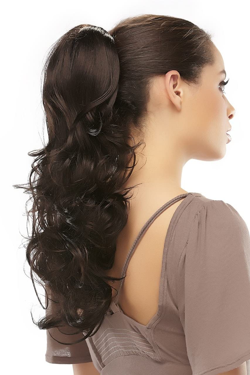 Easihair Foxy Ponytail Color 4H27 Iced Mocha Wavy 20" Length 2-in-1 Clip On Attachment Synthetic Curly Layered Hairpiece Pony Curly Attachment Bundle Hairloss Booklet