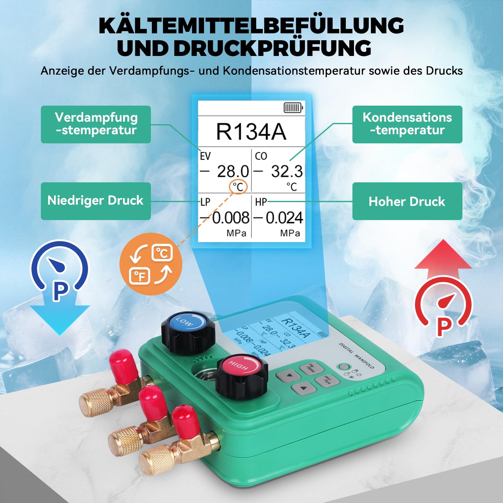 KAISAL Digitale Kältemittel Monteurhilfe Set für 92 Kühlmittel R32 R134A R22 R410A R1234YF HVAC Messgeräte Dualer Stresstest Manifold Gauge