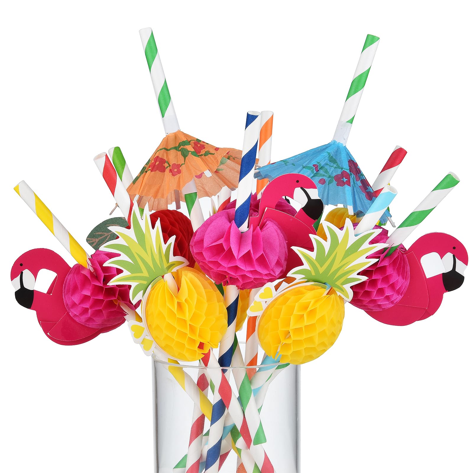 Haundry 100 pajitas de cóctel Luau para fiesta, paraguas de bebida, pajillas de papel de frutas y flamencos para decoración de fiesta hawaiana de verano tropical