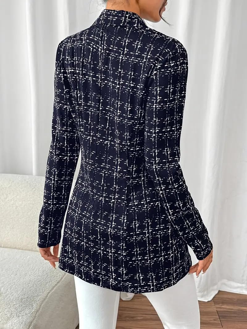 Blazer De Mujer - Abrigo De Tweed A Cuadros para Mujer Elegante Blazer Cruzado con Solapa Corte Entallado Largo Medio Estilo Línea A Chaquetas De Traje Ropa De Oficina Formal Abrigos
