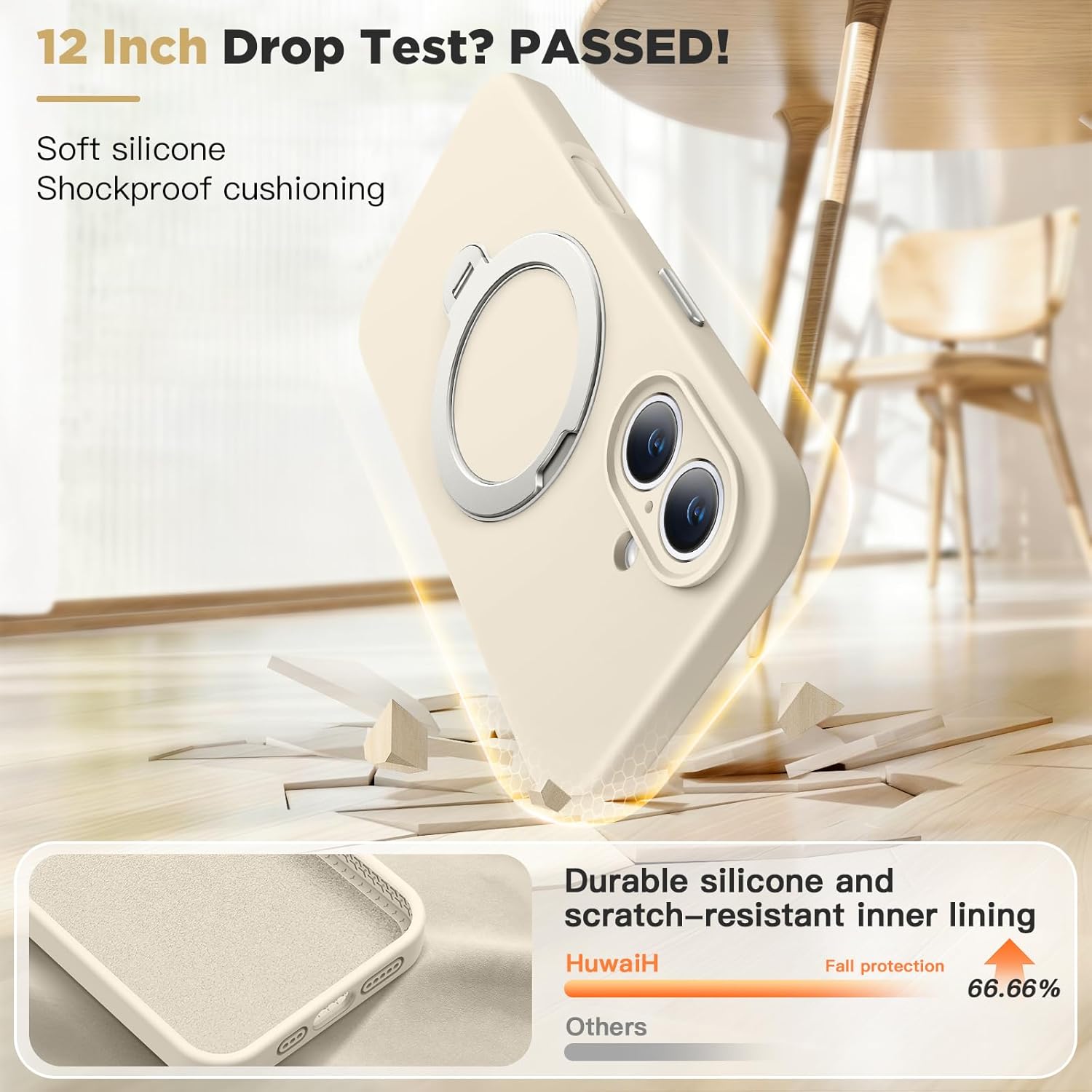 HuwaiH Case for iPhone 16, [360° Rotating Magnetic Ring Stand] with Strong Holder, Military-Grade Shockproof Silicone Phone Case, Full Protection Hands-Free Video Calls Car Mount, White