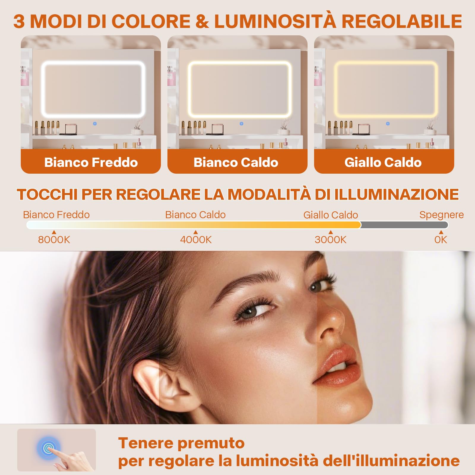 Airfish Toeletta da Trucco con Specchio LED a 3 Colori e Regolazione Luminosità, Postazione Trucco con 2 Cassetti e 1 Armadietto, Robusta e Pratica, Moderna, Tavolo da Letto, Bianco