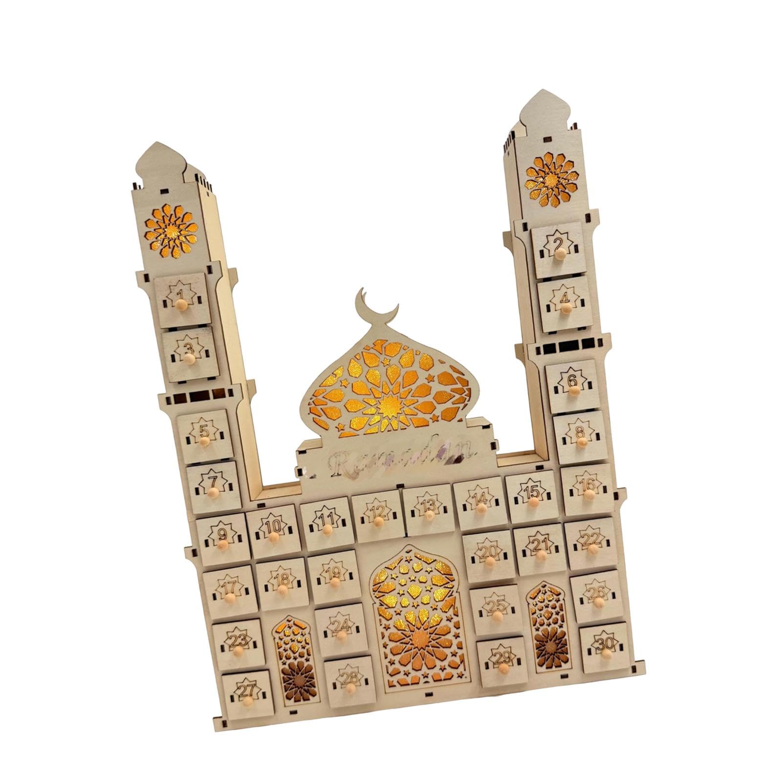 Amagogo Ramadan-Adventskalender, hölzerner Eid-Mubarak-Adventskalender mit 30 Schubladen für Partyzubehör, Eid-Mubarak-Wohnzimmer, Zuhause
