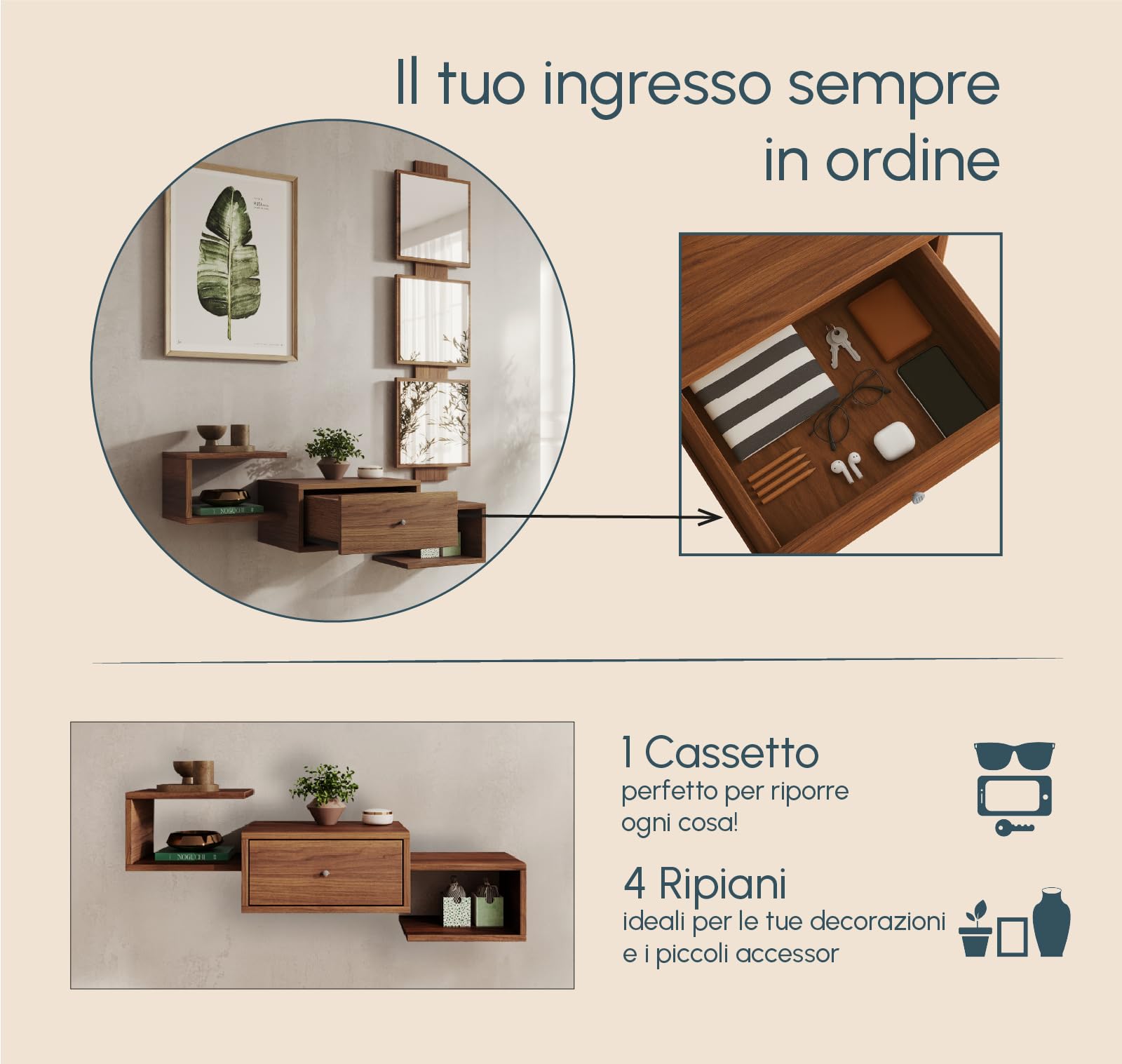 MB Muebles Bonitos, Mobile Ingresso Sospeso Neo, con Specchio e Cassetto, Melamina, Colore Noce Ambar Opaco, 99.5x145x22cm