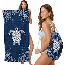 Ocean Sea Turtle Seaweed Sketch Beach Towel Bag 2 in 1,Convertible Towel&Backpack Marine Life Blue White Microfiber Beach Blanket with Drawstring Bag for Travel Pool Swim Camping Picnic,31"x63"