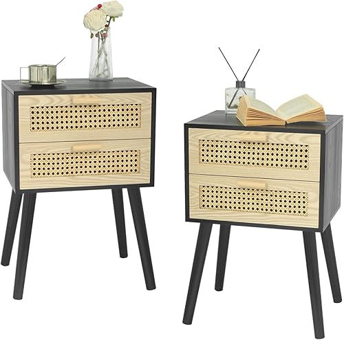 AWASEN Juego de 2 mesitas de noche negras, juego de 2 mesitas de noche con cajones, mesita de noche con almacenamiento y patas de madera maciza,