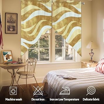 Gold Brown Stripe Swag Curtains Valance For Kitchen Windows,Modern Abstract Geometric Ocean Coastal Wide Rod Pocket Curtain Drapes,Bedroom Bathroom Cafe Living Room Light Filtering Drapery,72Wx36H