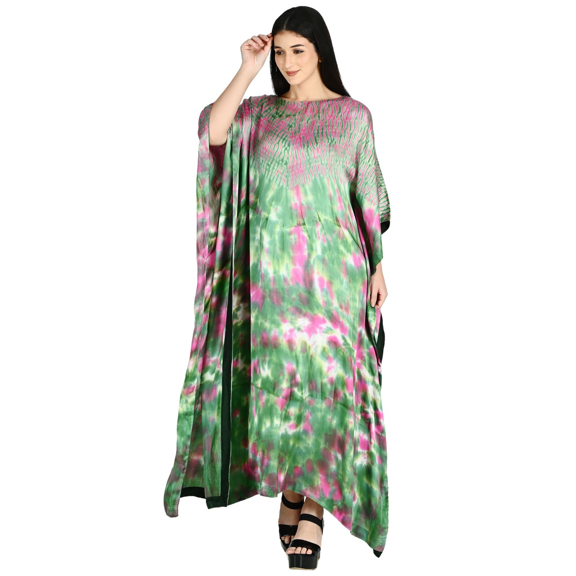eksutra Women's Tie-Dye Kaftan | Silk Fabric | Printed | Everyday Use, Emerald & Rose-picture-29