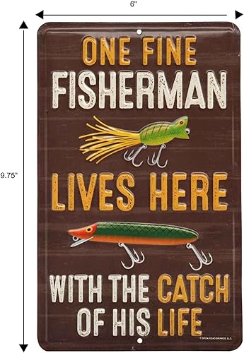 Miniatura 7 de Cartel de metal en relieve de pescador con la captura de su vida, divertido arte de pared de pesca para garaje, casa del lago o cueva de hombre