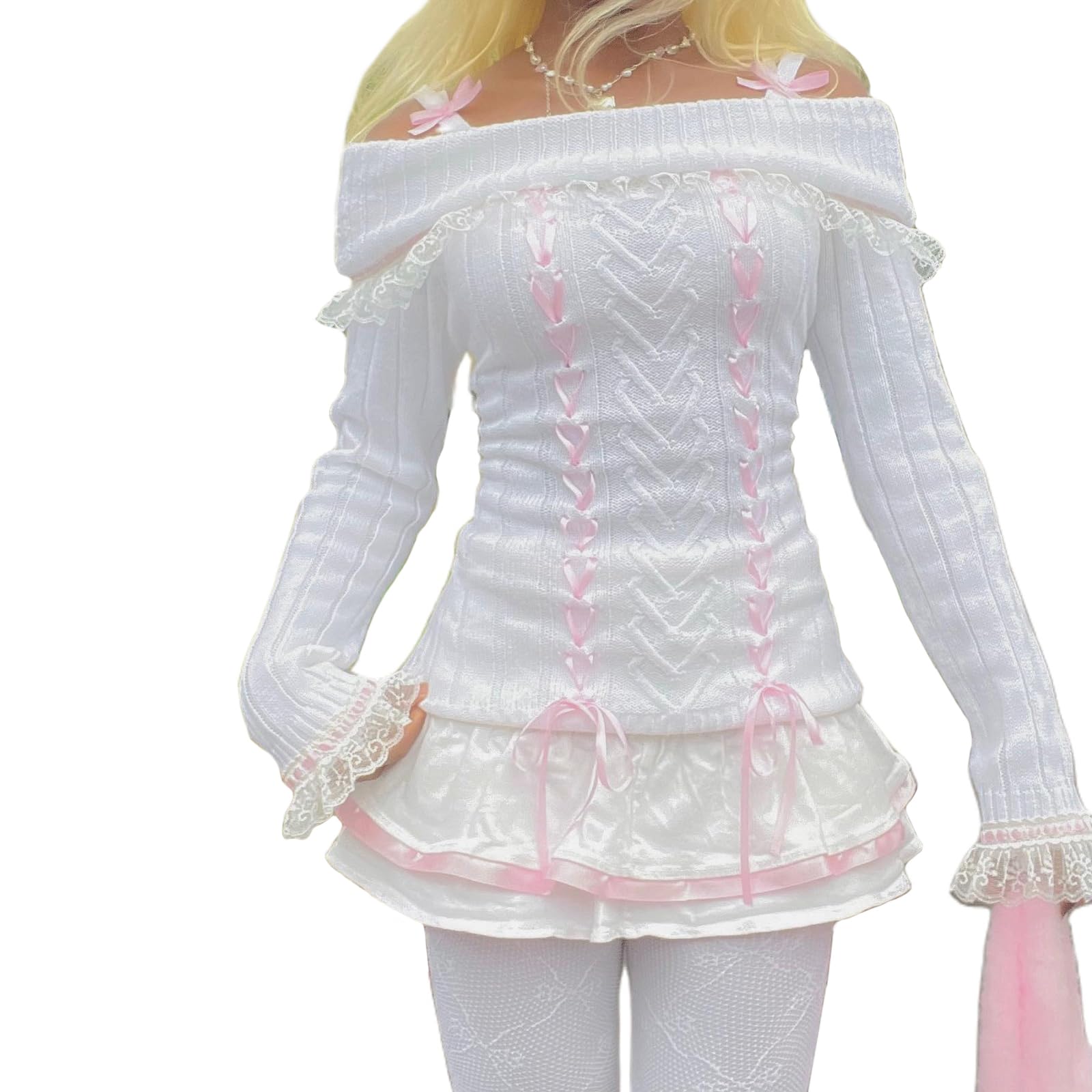 Off The Shoulder Sweater for Women Y2k Cute Lace Trim Bow Front Long Sleeve Knit Jumper Top Coquette