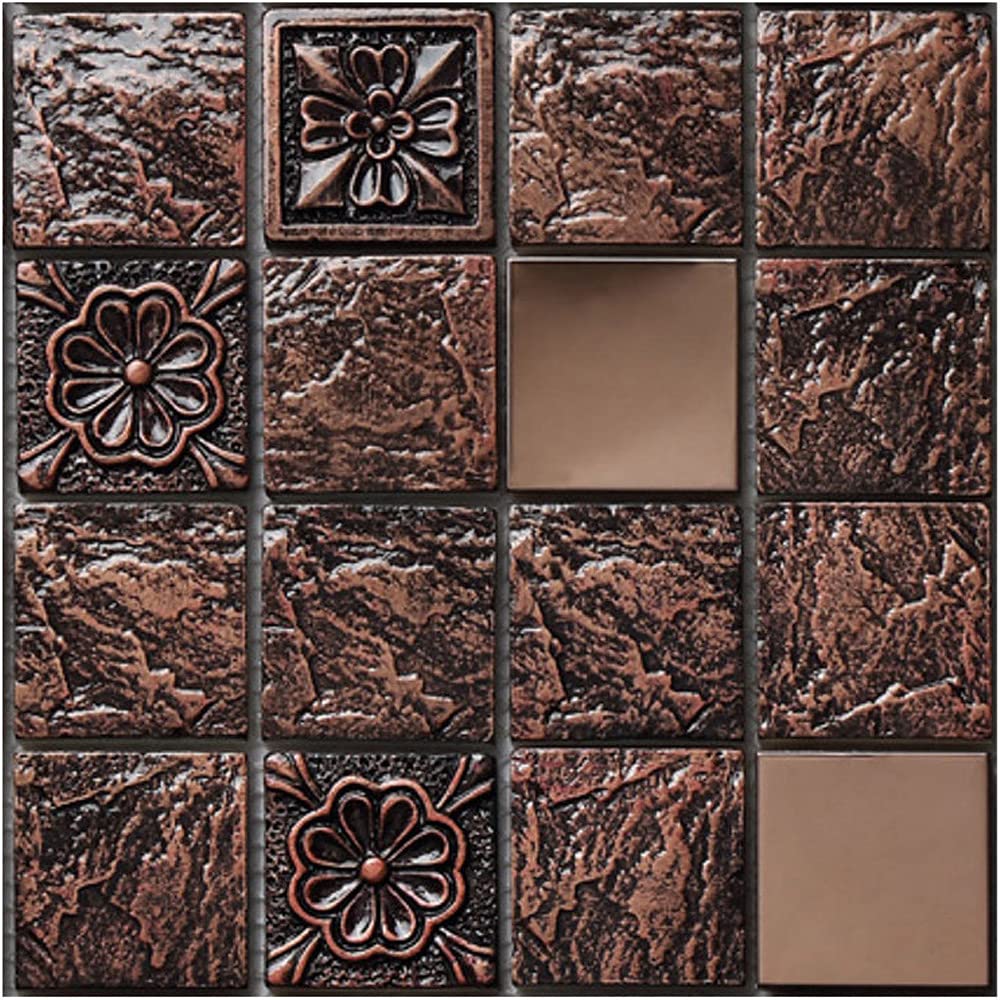 Kitchen Bathroom Marble Wall Tile Stickers, Hiser DIY Rectangle 3D Mosaic Style Decals Sticker for Kitchen Living Room Bathroom Home Decor Self-Adhesive, 10x10cm (Copper pattern,10pcs)