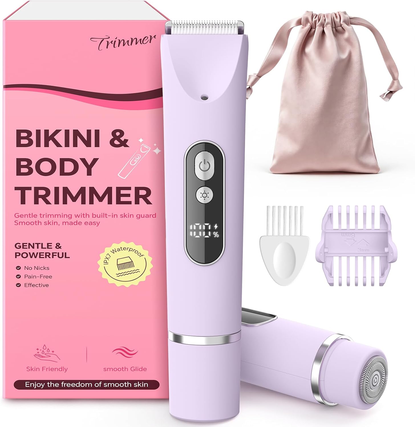 Bikini Trimmer for Women, Smooth Electric Razor for Sensitive Skin, IPX7 Waterproof Wet & Dry Cordless Body Shaver for Bikini Area, Pubic Hair, Face, Underarms & Legs (Purple)