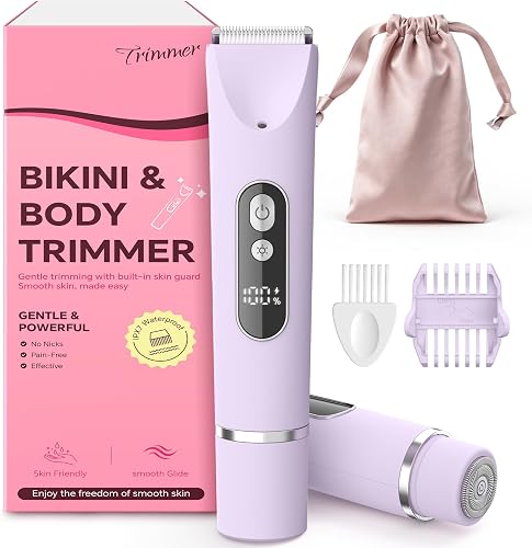 Bikini Trimmer for Women,Smooth Electric Razor for Sensitive Skin, IPX7 Waterproof Wet & Dry Cordless Body Shaver & Grooming Set for Bikini Area, Pubic Hair, Face, Underarms & Legs(Purple)