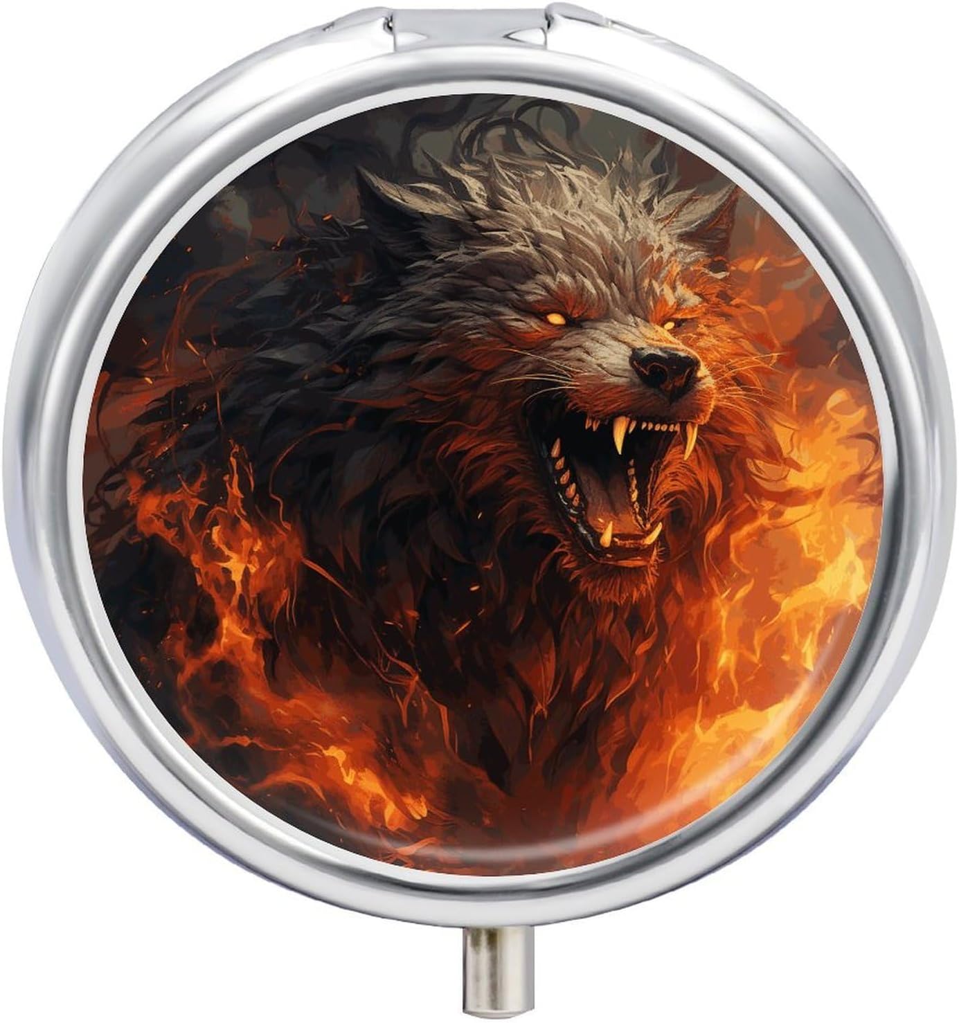Round Daily Wolf Fire Pill Case with 3 Compartment & Mirror