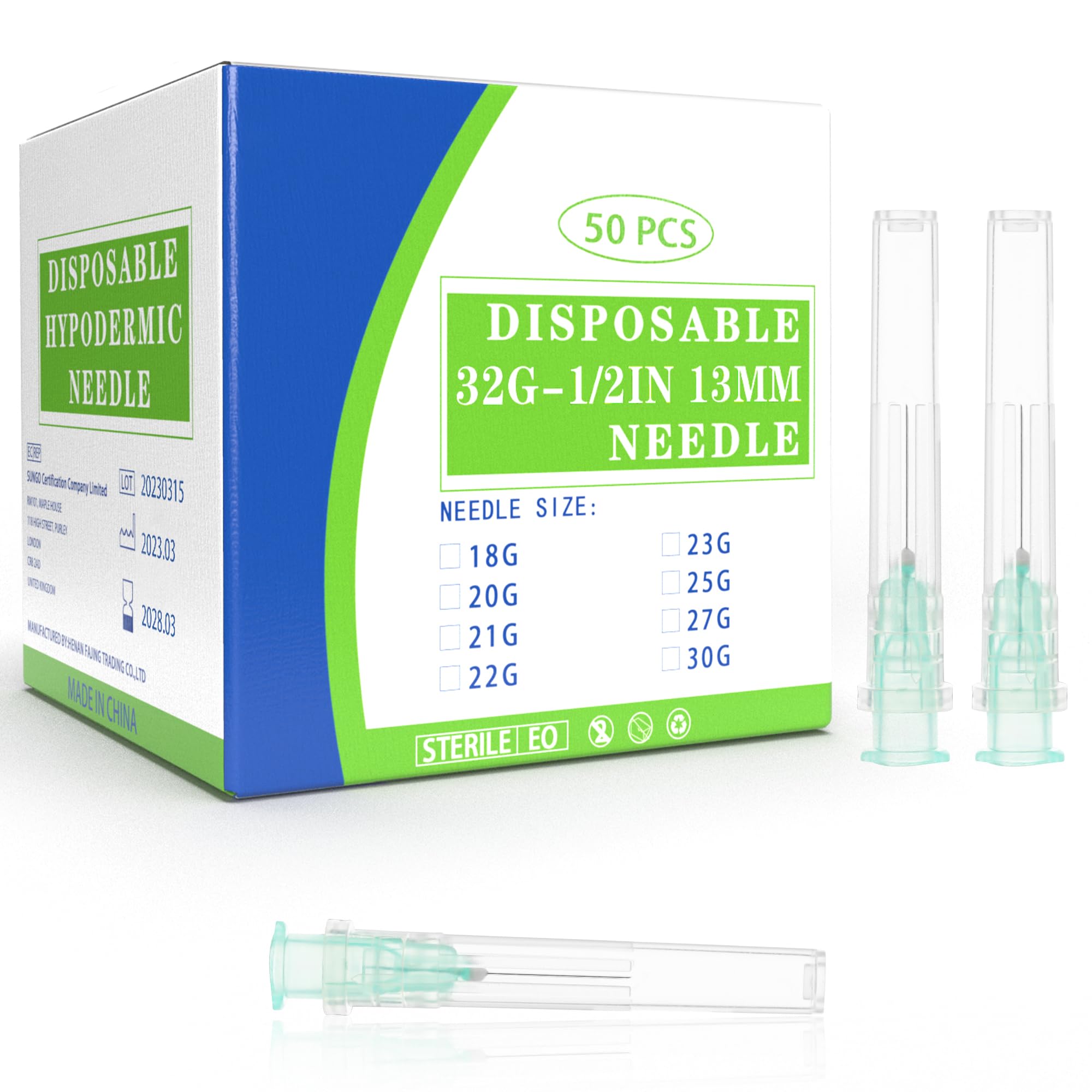 Photo 1 of 32 Gauge 1/2 Inch Disposable Needles with Caps - Luer Lock Lab Dispensing Accessories Individually Wrapped, Box of 50