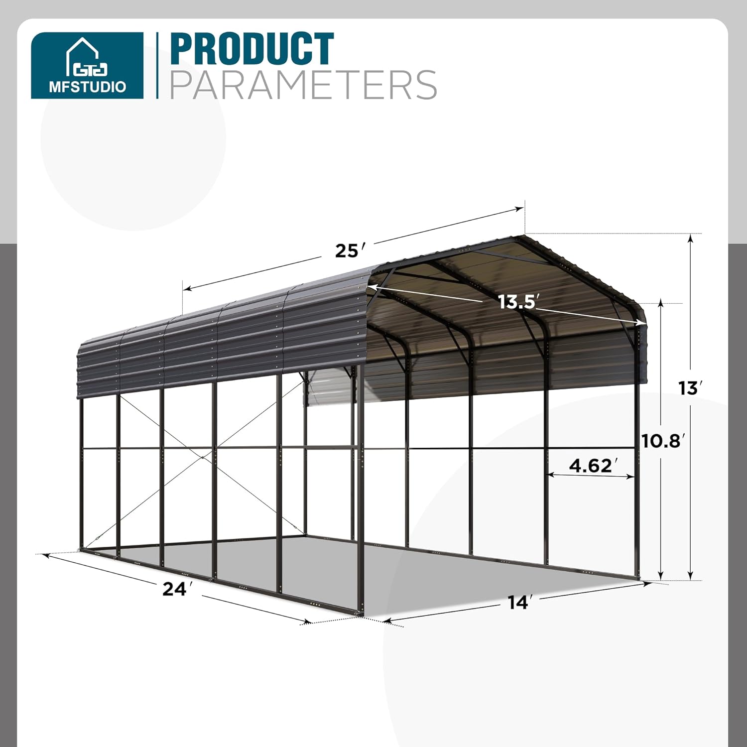 Diagram showing the dimensions of the MFSTUDIO 14x25 ft RV Carport.