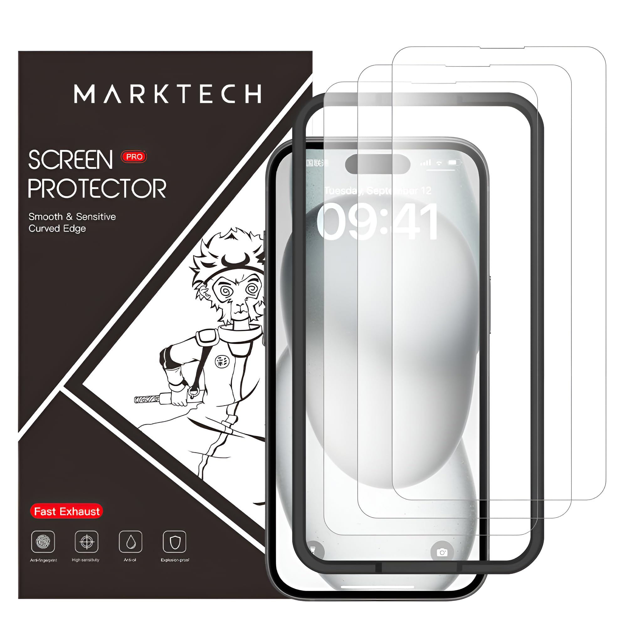 MARKTECH Tempered Glass Screen Protector Guard For Iphone 13/14/13 Pro Smartphone, 3 Pack Screen Guards With Easy Installation Frame