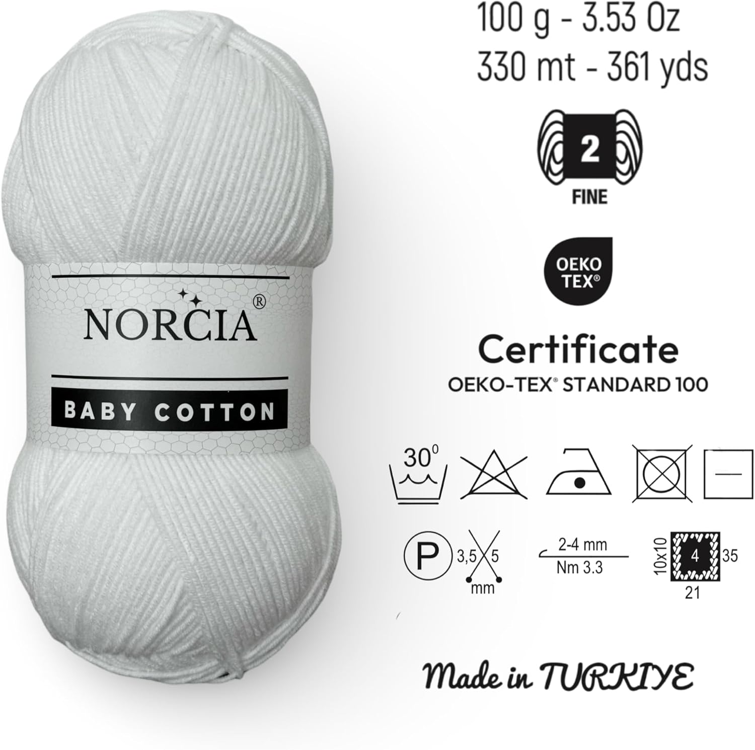 Baby Cotton, 55% Cotton 45% Acrylic Yarn, Fine/Sport (2) for Crochet and Knitting, Soft Amigurumi Yarn, 100 gr (361 yds)