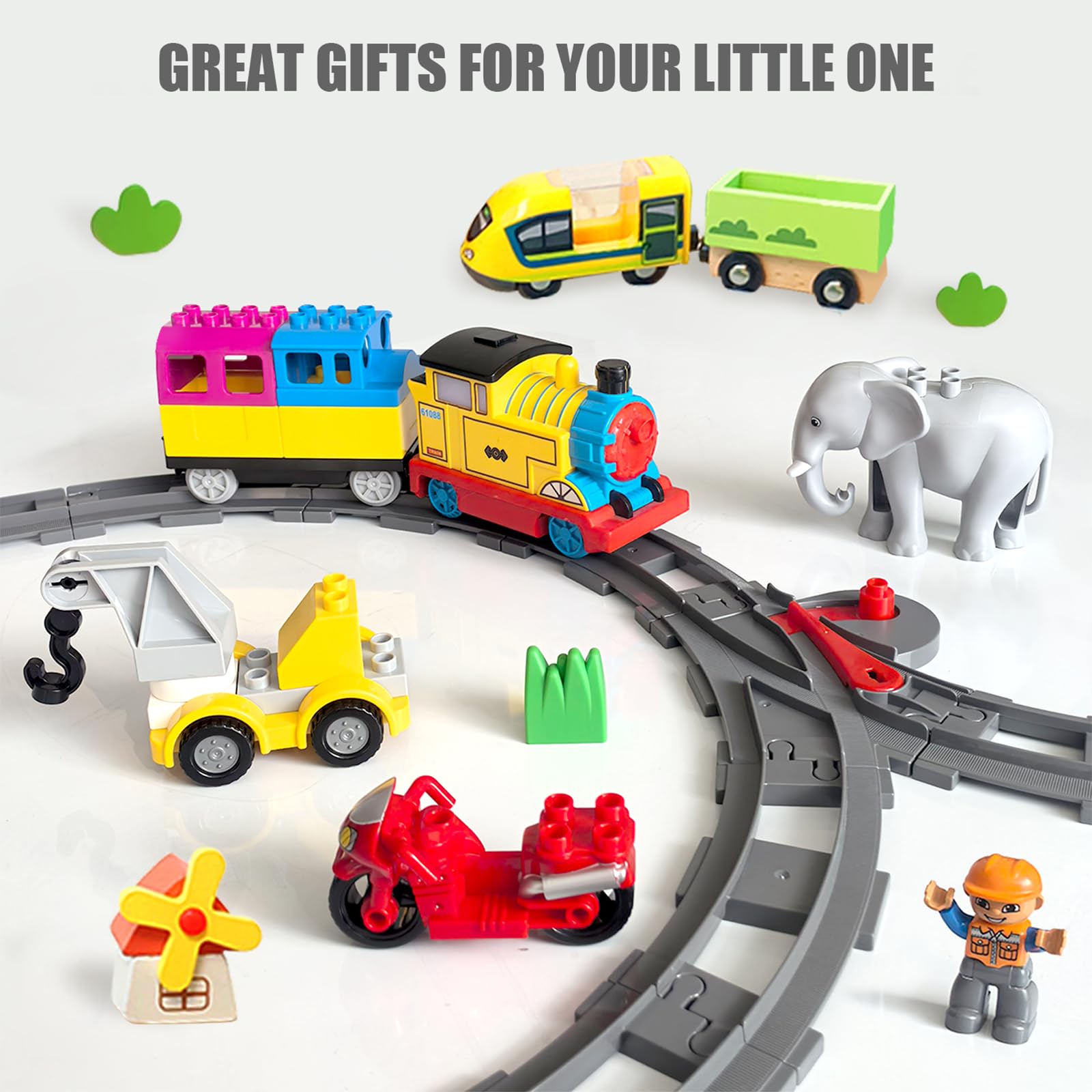 Set di 32 binari per treni, compatibili con tutte le principali marche, binari ferroviari classici con 20 curve, 10 dritte e 2 interruttori, grigio chiaro, accessorio per pista giocattolo per bambini