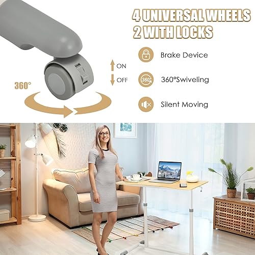 Miniatura 8 de Tangkula Escritorio móvil de pie para computadora, mesa de pie ajustable en altura con 4 ruedas, escritorio de pie compacto con marco de acero, mesa