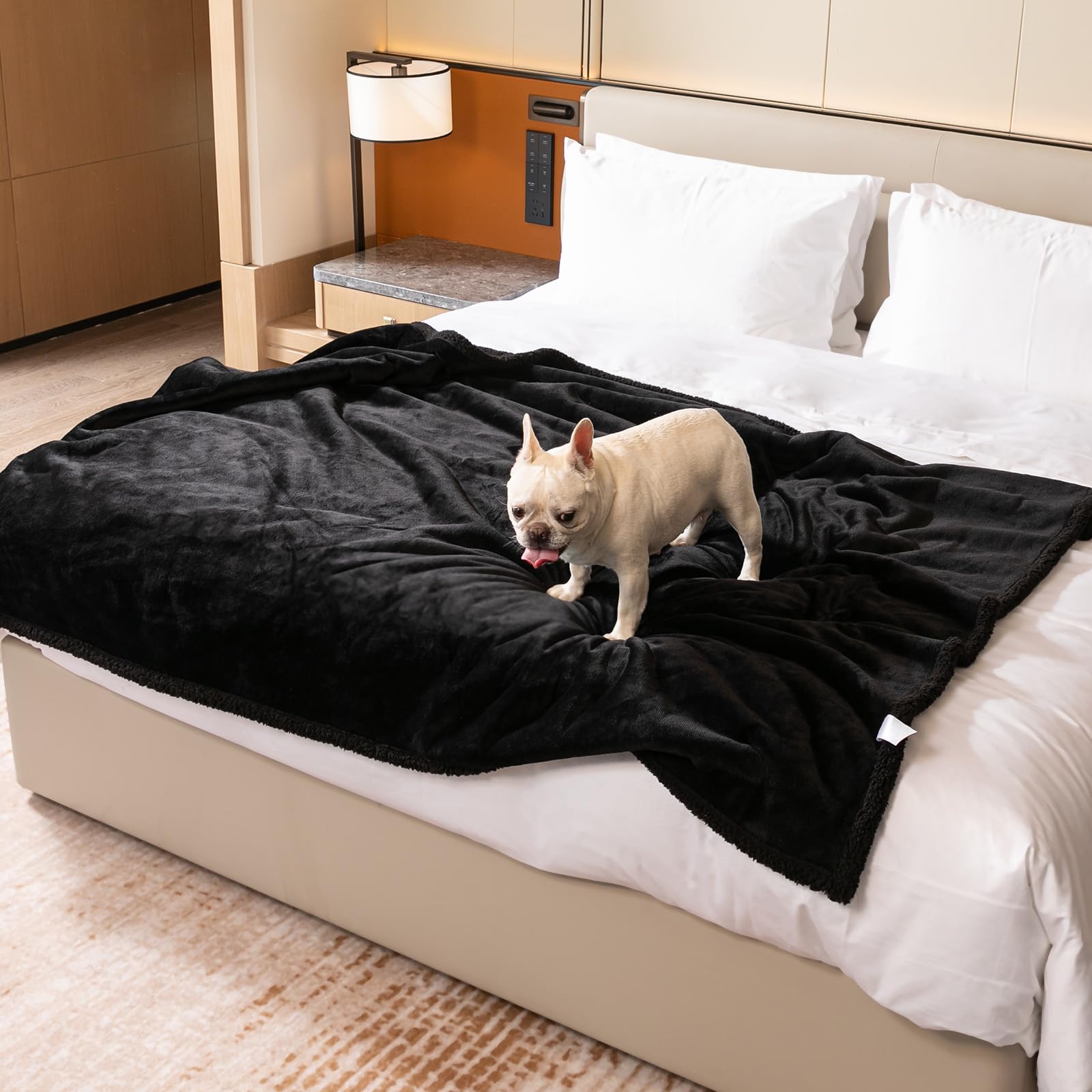 Maidewow Waterproof Dog Blanket Reversible Pet Bed Cover Black Puppy Blankets Leakproof Sofa Couch Washable Cover Cat Fluffy Fleece Pet Blanket for Warm-Black,L
