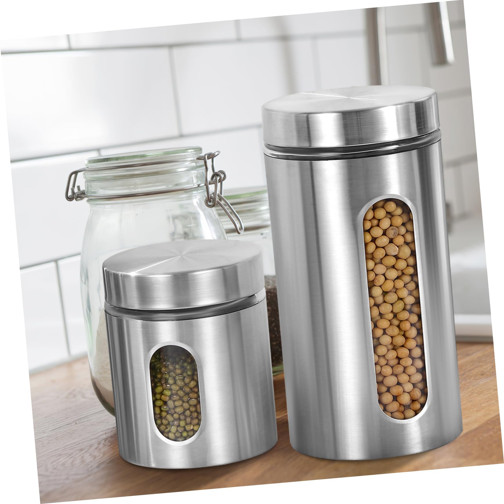 Barattoli Alimentari da Cucina in Vetro e Acciaio Inox 3 Pezzi