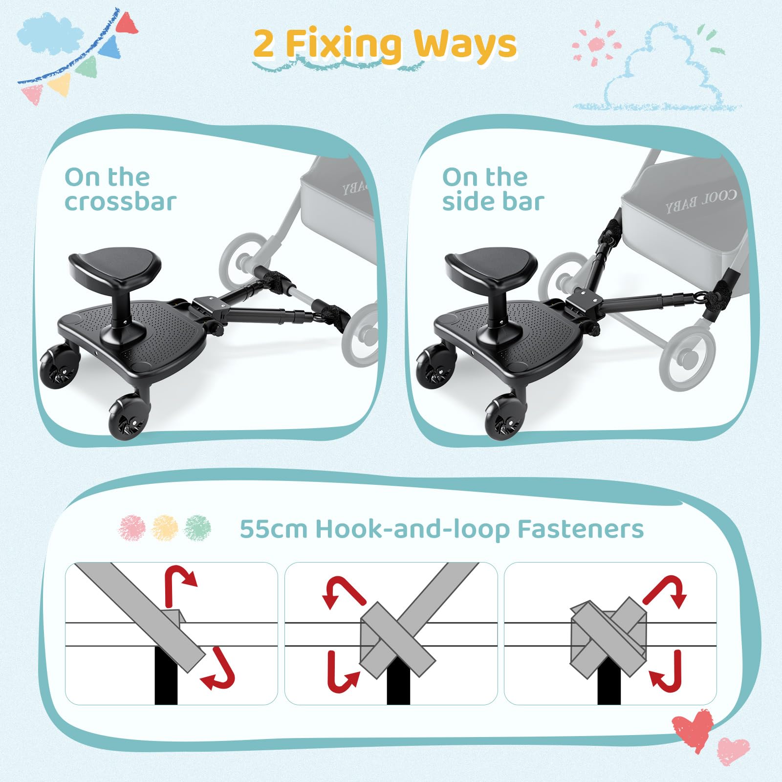 Monopatín universal con asiento grande, tablas con ruedas compatible con el 99% de cochecitos, monopatín universal, 2 en 1 caminata, cochecito para niños de 2 a 6 años (25 kg)