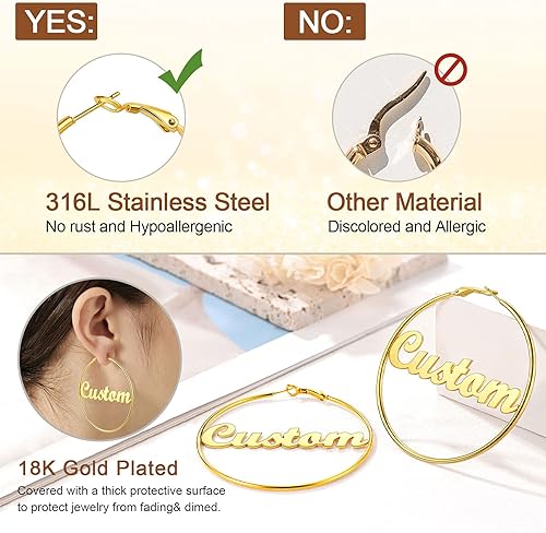 Vista 5 de FOCALOOK 18K Gold Plated Lightweight Thin Hoops Custom Name Hoop Huggie Earrings for Women 30405070100mm