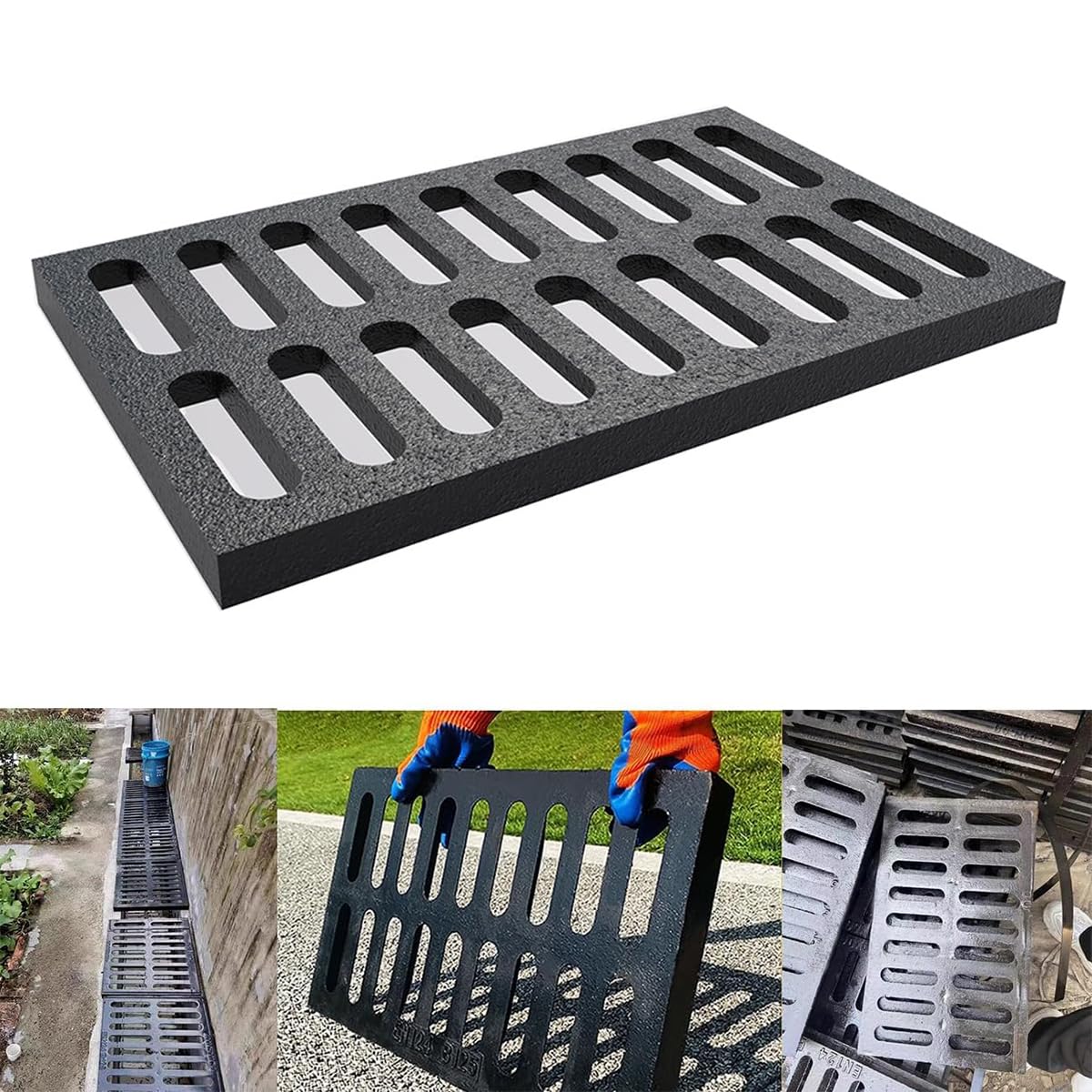 Cast Iron Drain Grate, 29.5 * 17.7in Outdoor Drain Cover, Heavy Duty B125 Class Channel Grate, Black Rectangle Drainage Grate, Metal Sewer Grate for Concrete Floor, Yard, Driveway & Garage.