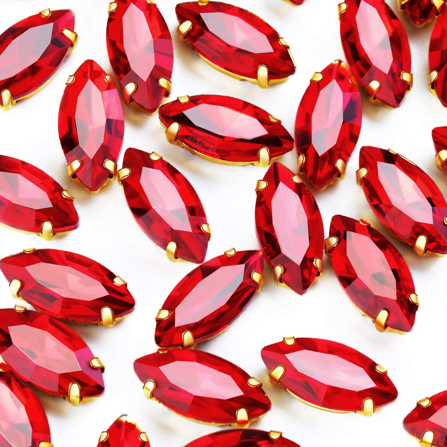 50Pcs Sew on Rhinestones 9x18 mm Flatback Glass Rhinestones Horse Eye Rhinestones with Gold Claw for DIY Crafts Clothes Bag Shoes,Red