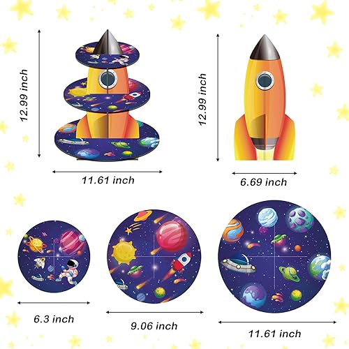 Miniatura 2 de Soporte de 3 niveles para cupcakes, astronauta, cohete, espacio exterior, decoración de mesa de cartón, soporte para tartas, sistema solar,