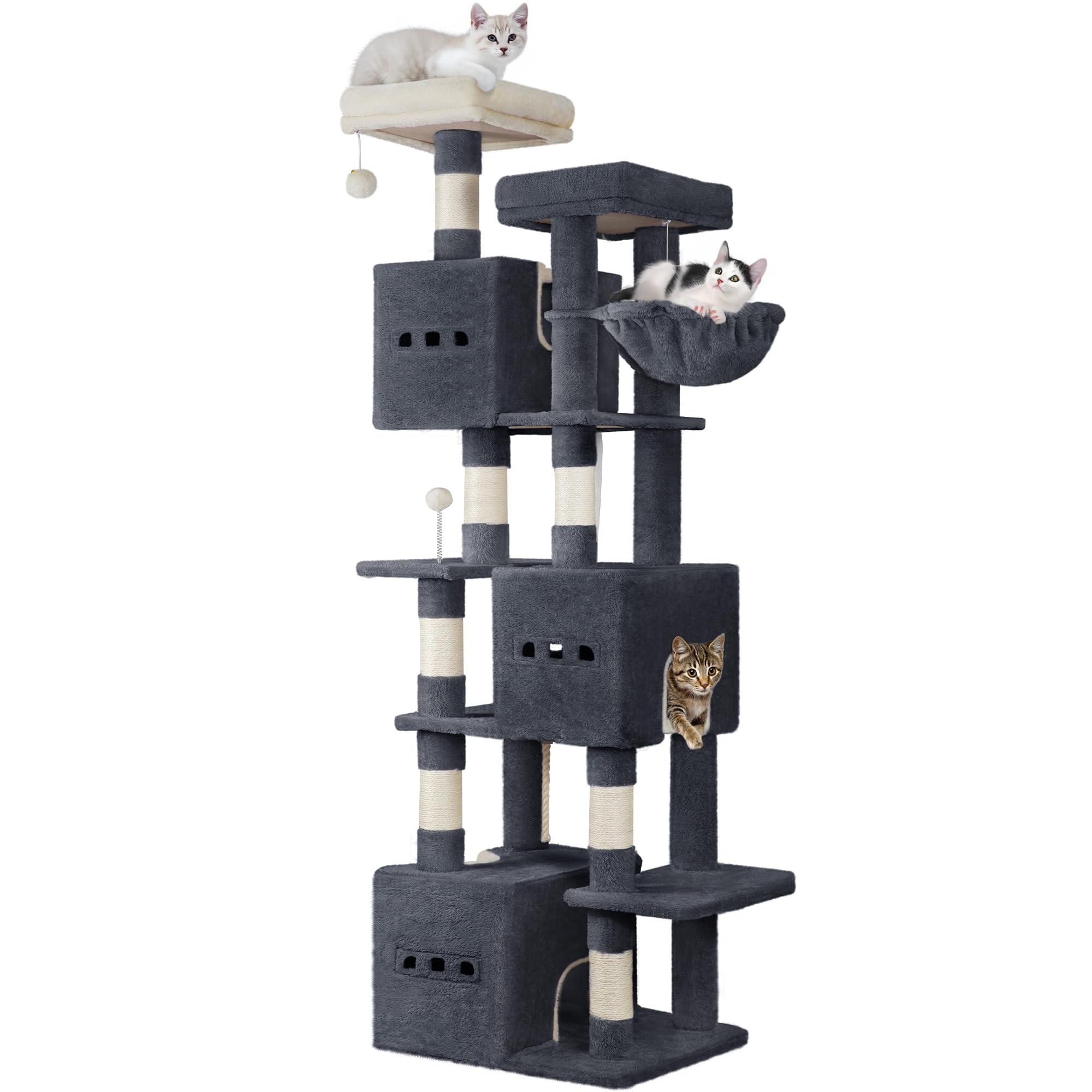 Hzuaneri 193 cm Cat Tree, Large Cat Tower for Indoor Cats, Multi-Level Cats House Furniture with 2 Platforms, 3 Condos, 7 Scratching Posts, 1 Basket, 3 Caves, Pompoms, Dark Grey MS19218SG